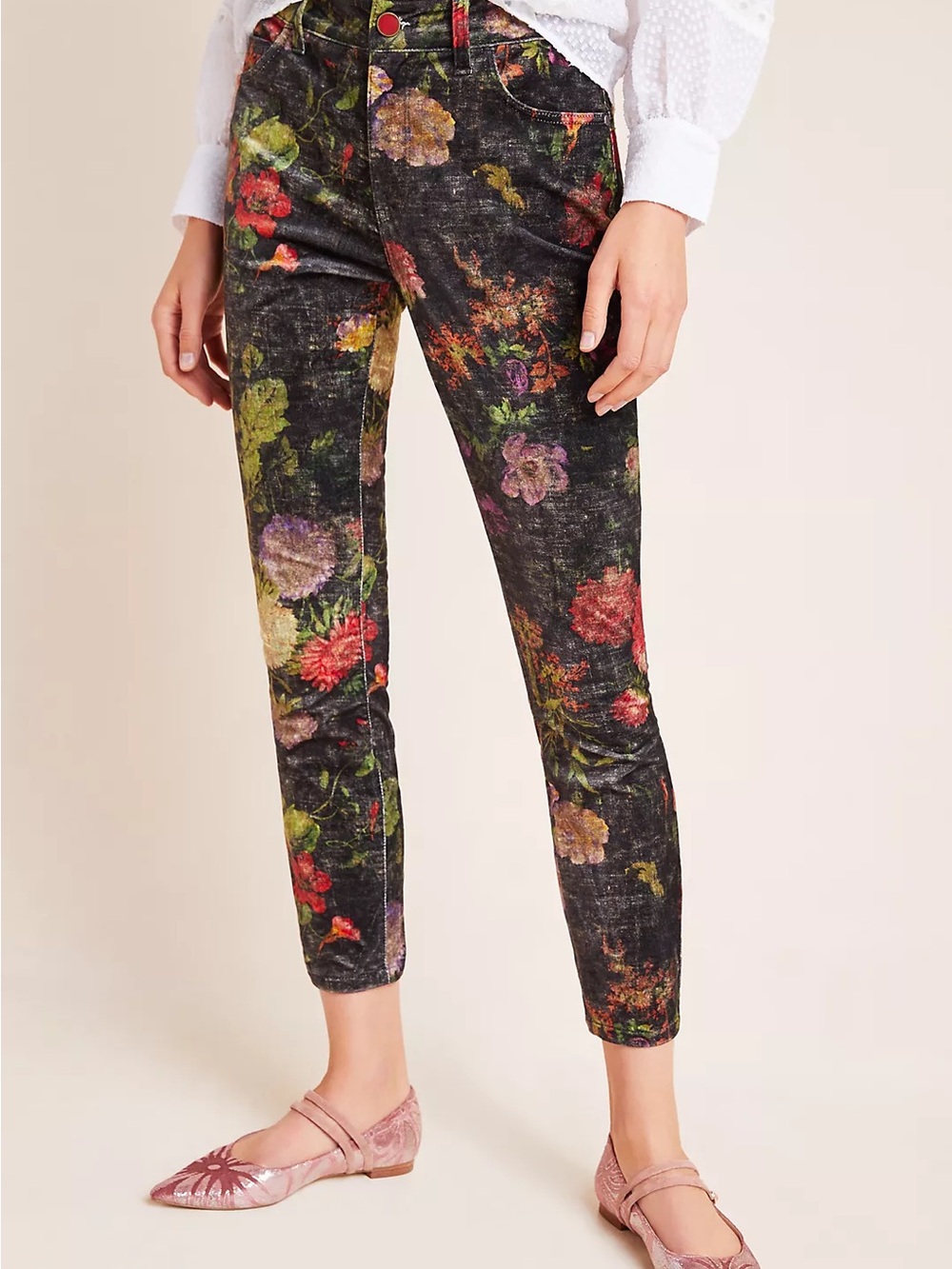 Pilcro and the Letterpress Anthropologie Floral Velvet Skinny Jeans Size 26